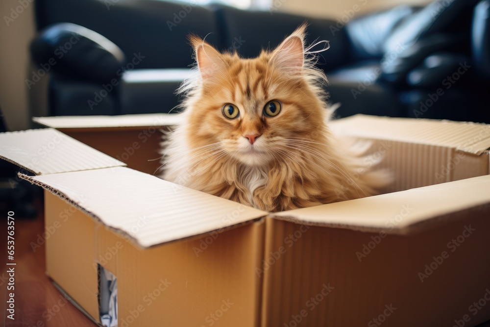 Cute ginger fluffy main coon cat looking out of paper box on floor at home. Cardboard box with funny pet. Moving to a new house or relocation concept Cute ginger fluffy main coon cat looking out of paper box on floor at home. Cardboard box with funny pet. Moving to a new house or relocation concept