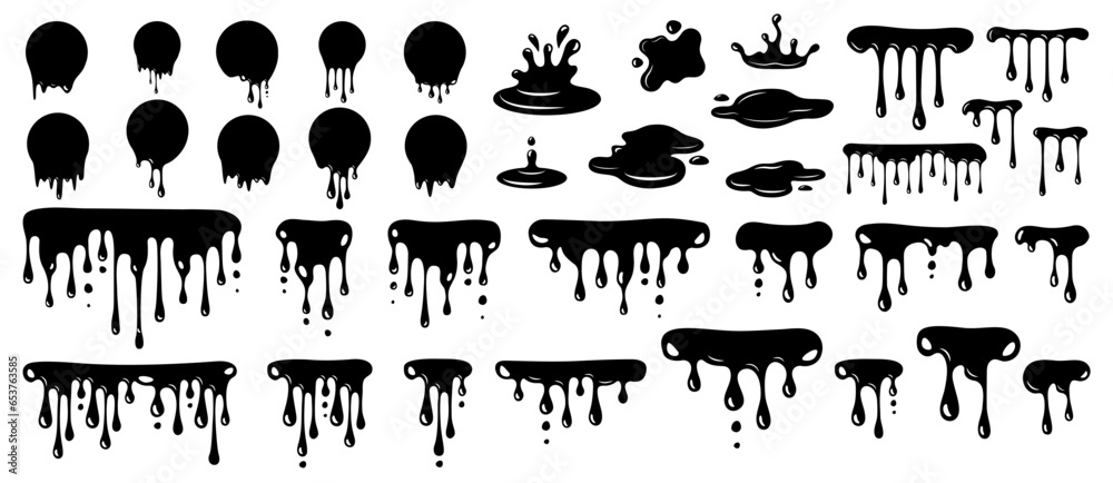 Black dripping ink. Isolated spots of paint. Paint dripping. Dripping liquid. Current paint, stains. Vector illustration. Flowing liquid. Stencil drops. Chocolate drops. Oil drop - obrazy, fototapety, plakaty 