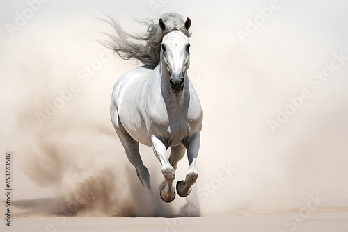 Magnificent white good footed horse is running in the desert in a hot daytime  Generative AI.
