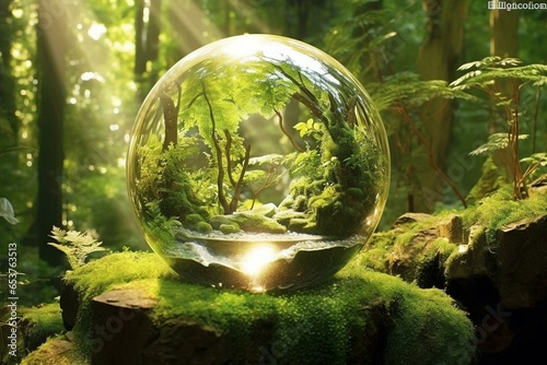 Eco-friendly living - a glass globe blending with environment. Generative AI