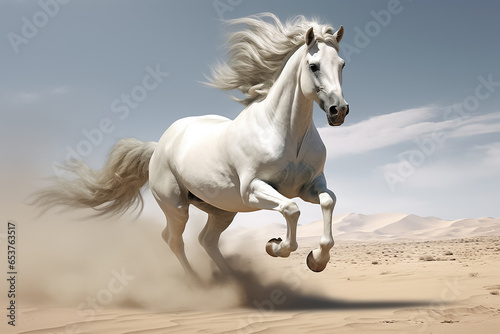 Magnificent white good footed horse is running in the desert in a hot daytime  Generative AI.