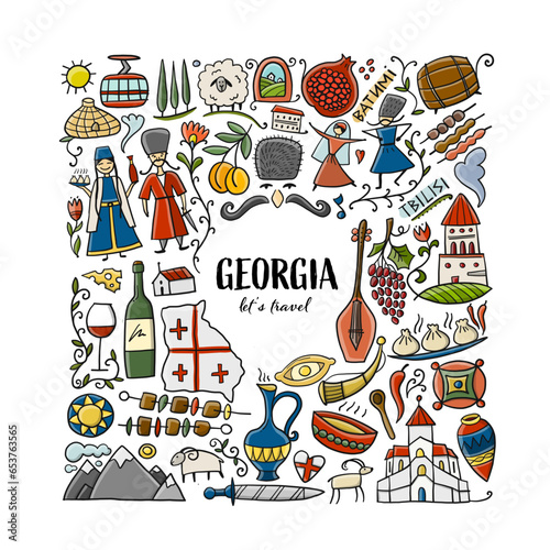 Georgia Country. Travel Background. Collection of design elements - food  places and dancing people