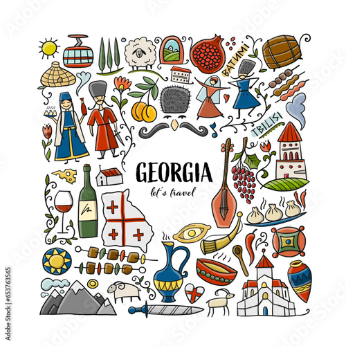 Georgia Country. Travel Background. Collection of design elements - food, places and dancing people