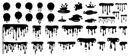 Black dripping ink. Isolated spots of paint. Paint dripping. Dripping liquid. Current paint, stains. Vector illustration. Flowing liquid. Stencil drops. Chocolate drops. Oil drop
