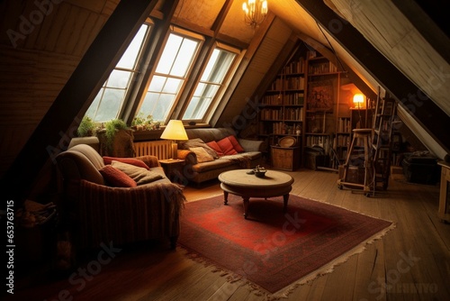 Living room in attic house gallery. Generative AI © Kato