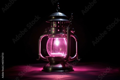 Pink metal lantern shining in darkness. Generative AI