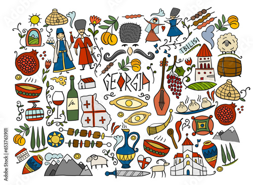 Georgia Country. Travel Background. Collection of design elements - food, places and dancing people. Horizontal Print