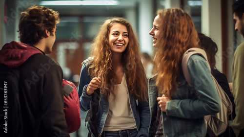 students, girls and guy talking and smiling in the college corridor