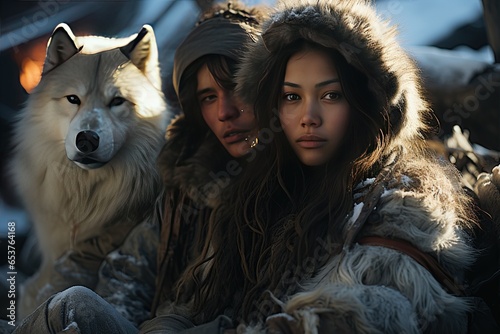 Eskimo individuals dressed in warm fur clothing, living in the icy wilderness,Generated with AI