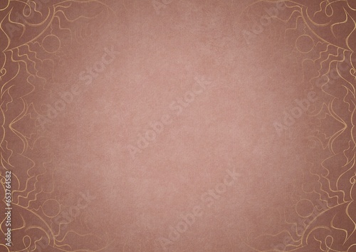 Pale pink textured paper with vignette of golden hand-drawn pattern on a darker background color. Copy space. Digital artwork, A4. (pattern: p07-1a)