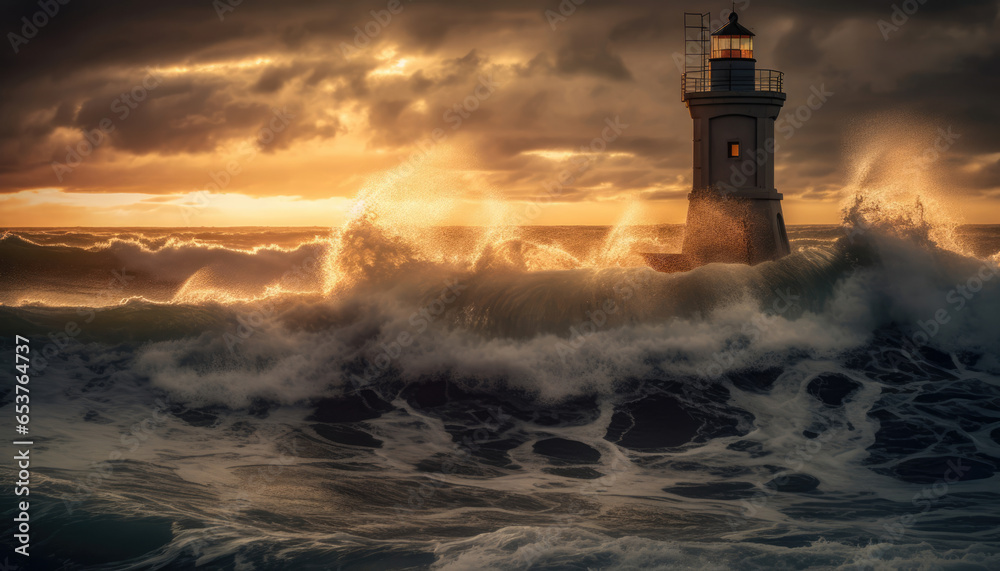 A captivating coastal scene with a lighthouse, crashing waves, and a stunning sunset