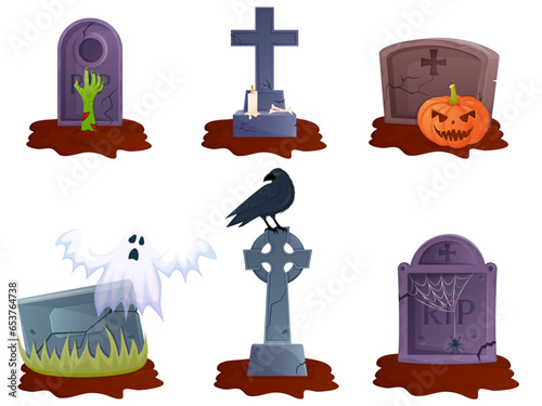 Illustration with graves and different halloween decoration elements
