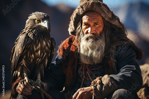 eagle hunter in traditional attire with a majestic eagle perched on their arm,Generated with AI © Chanwit