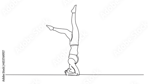 continuous single line drawing of woman handstand in yoga pose, for health, fitness and meditation concept line art vector illustration