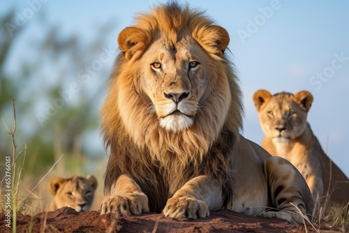 male lion watching over cubs while female hunts © Natalia