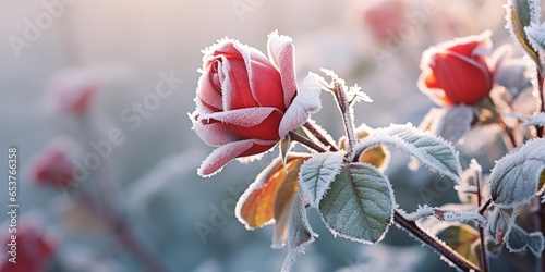 A burgundy blooming rose covered with white frost.