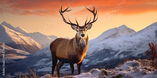 A red deer striking mountain peaks in a winter landscape
