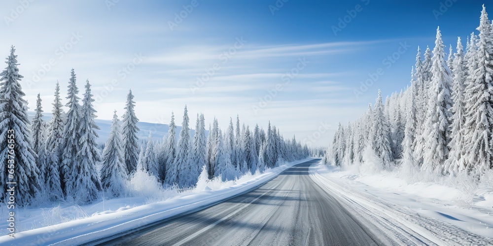 Snowy winter road - obrazy, fototapety, plakaty 