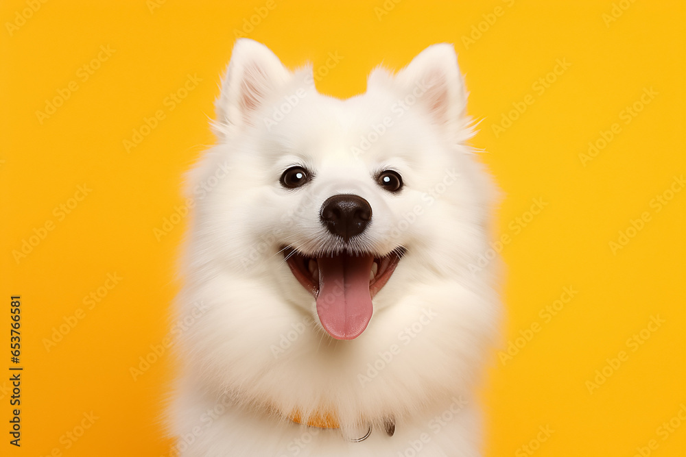 The portrait of a happy white dog, with black pattern on a bright yellow background shot in a studio, Generative AI.