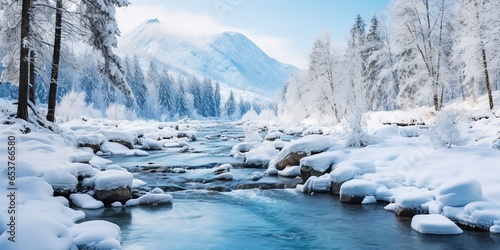 Winter river in snow forest landscape