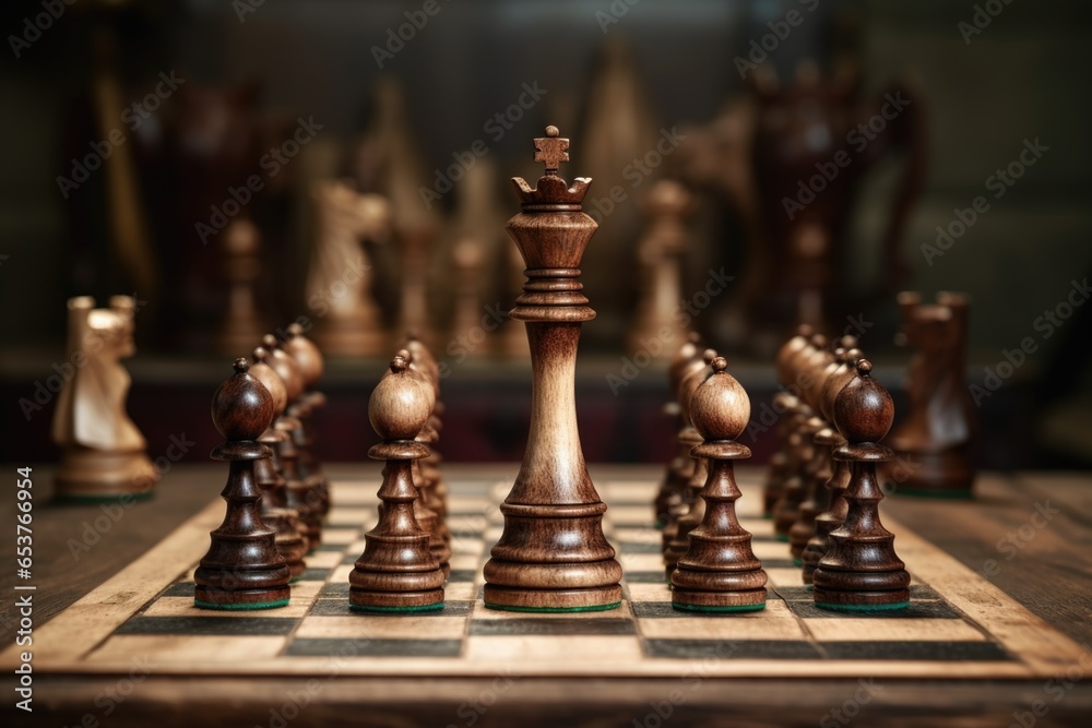 chess pieces set in the midst of a game on a wooden board chess pieces set in the midst of a game on a wooden board