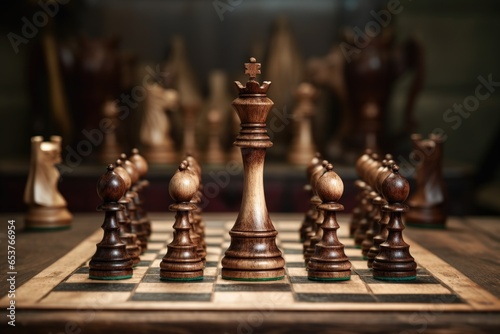 chess pieces set in the midst of a game on a wooden board