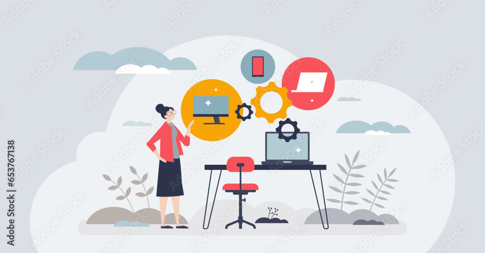 Synchronized business solutions with integrated system tiny person concept. Technology for effective database management and business connection vector illustration. Virtual server for all devices.