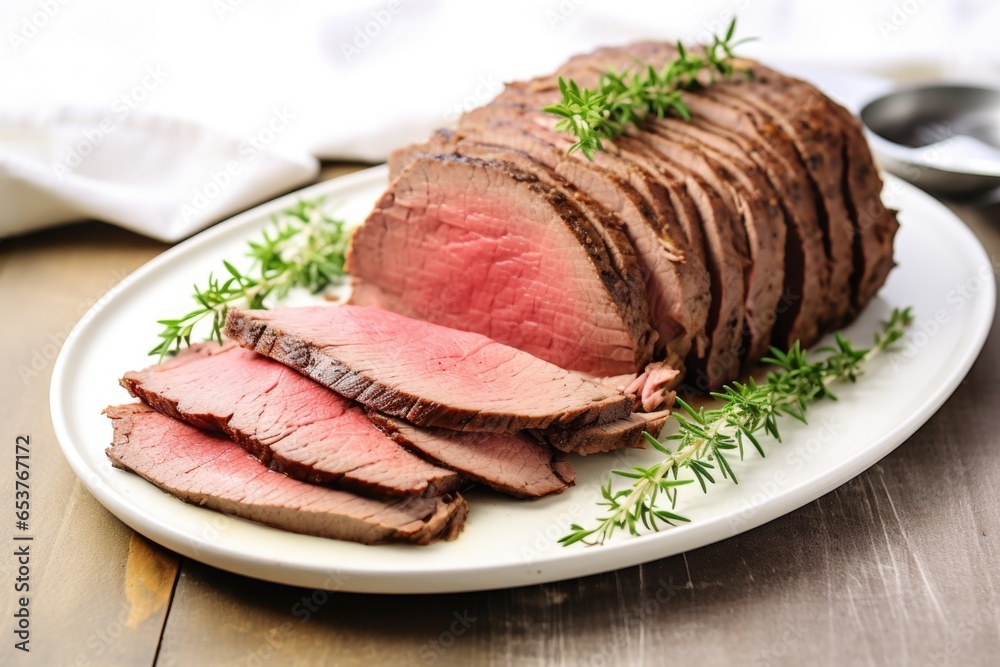 cold roast beef sliced and placed on a plain white plate