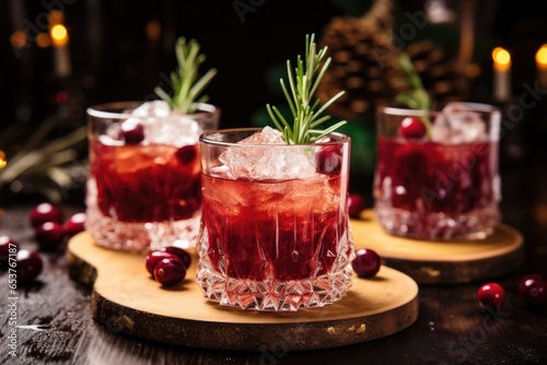 christmas cocktail garnished with cranberries and rosemary
