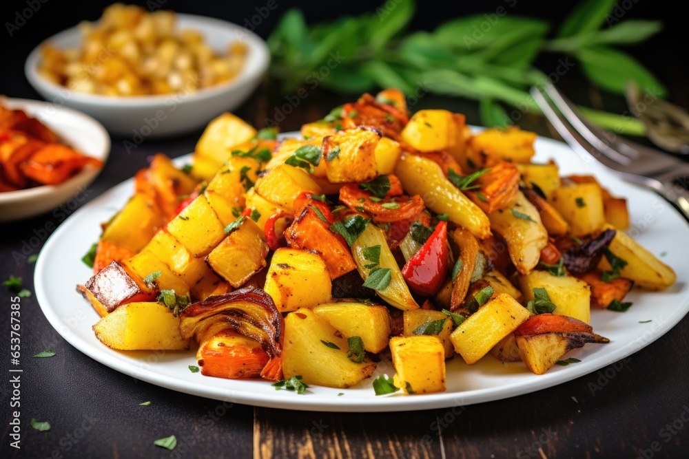 golden roasted root vegetables on white plate golden roasted root vegetables on white plate