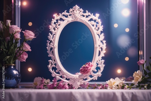 Royal Mirror with Flowers, Blue and Pink Light, using Generative ai