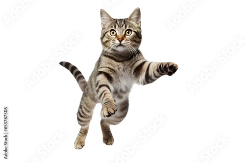 Photo a beautiful tabby cat jumping full body on a white background studio shot