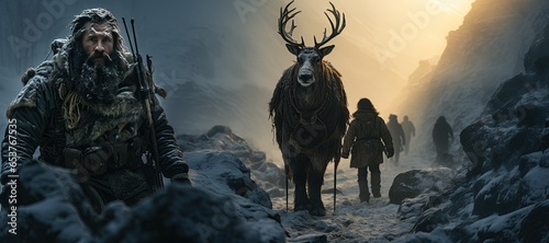 Sami people herding reindeer in a snowy, traditional nomadic way of life,Generated with AI photo