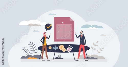 Financial review with economic audit and annual analysis tiny person concept. Business finances assessment and analytics job vector illustration. Accounting management and work profit evaluation.