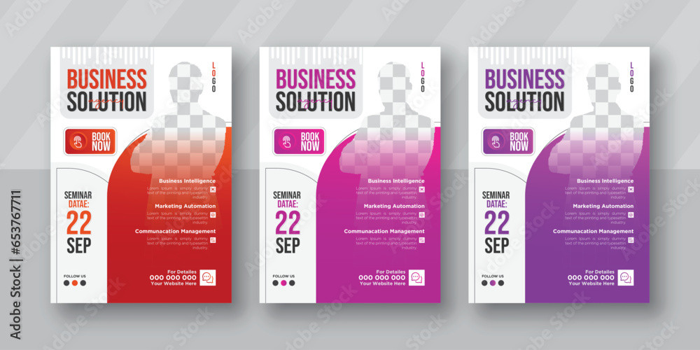 Corporate Business conference Flyer, brochure, and poster design template set with three colors, creative leaflet A4 size, vector illustration 