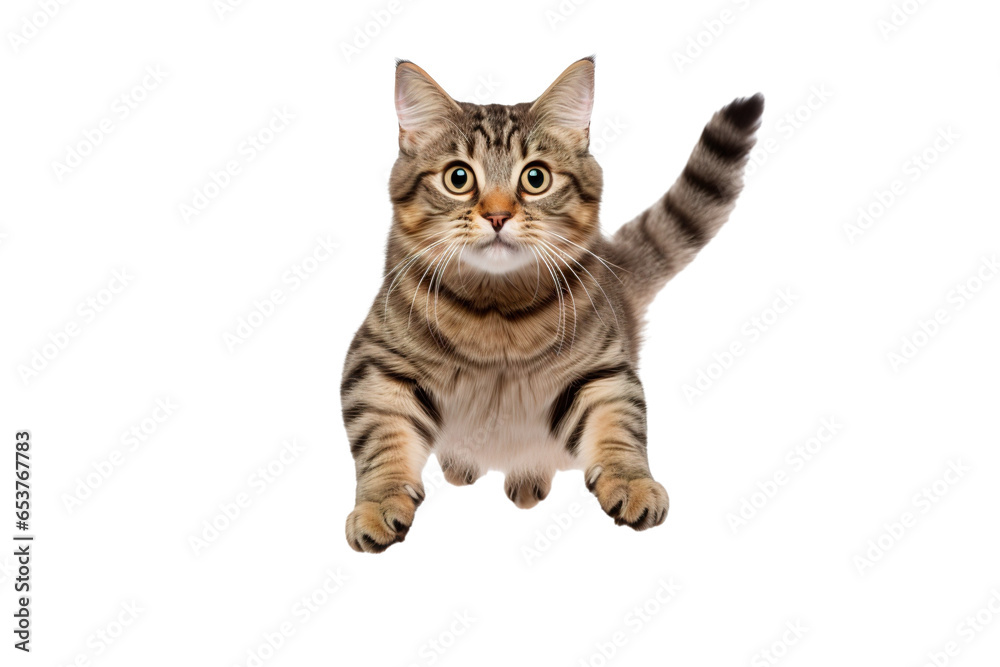 a beautiful tabby cat jumping full body on a white background studio shot a beautiful tabby cat jumping full body on a white background studio shot