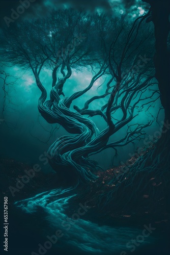 dark gloomy album cover gnarly spooky fantasy forest landscape with luxury trees masterpiece gloomy sinister eerie and beautiful evil distribution color grading surreal photograph photorealistic 