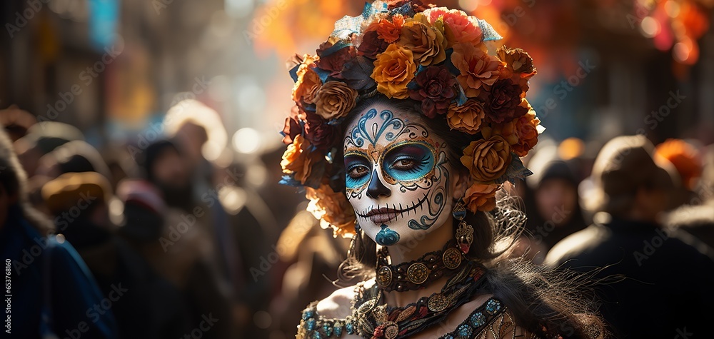 Portrait of a woman with sugar skull makeup over dark background halloween costume and makeup portra. Generated with AI