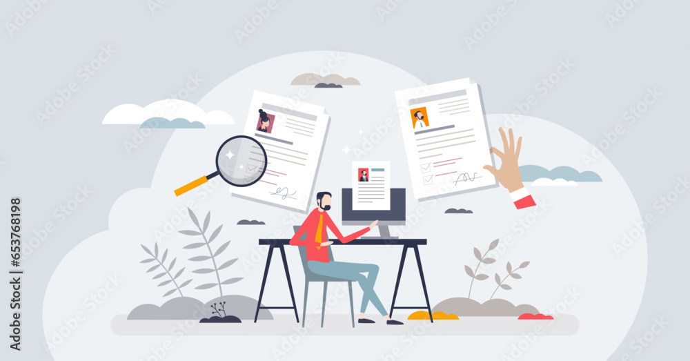 Job hunt and CV or resume sending to hiring company tiny person concept. Recruitment process with HR offer vector illustration. Search new professional career path. Looking for manager occupation. Job hunt and CV or resume sending to hiring company tiny person concept. Recruitment process with HR offer vector illustration. Search new professional career path. Looking for manager occupation.