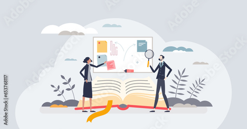 Exploring business strategies with adviser consulting tiny person concept. Effective company management and work planning for development and growth vector illustration. Analyzing job optimization.