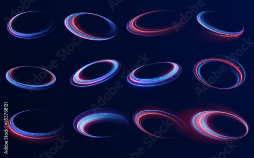 Neon rings set. Vector illustration of neon rings on dark background. Abstract vector fire circles, sparkling swirls and energy light spiral frames, neon blurry light circles at motion, Swirl effect.