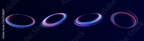 Neon rings set. Vector illustration of neon rings on dark background. Abstract vector fire circles, sparkling swirls and energy light spiral frames, neon blurry light circles at motion, Swirl effect.