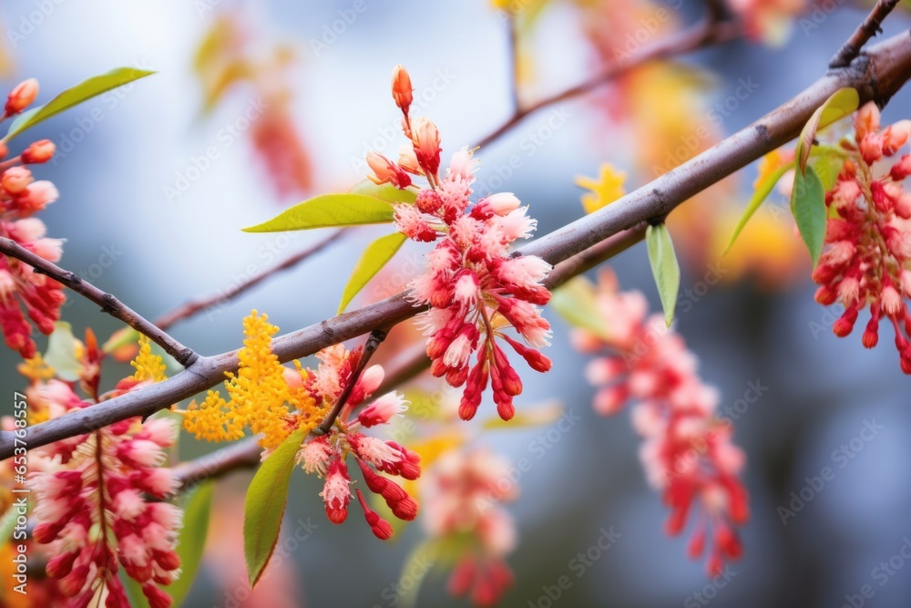 colorful flowers budding on a tree branch colorful flowers budding on a tree branch