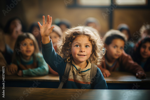 Elementary school student raises a hand in classroom. Concept of education. photo