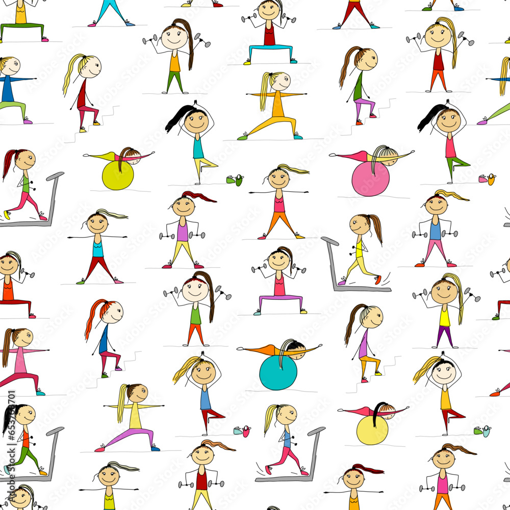 Girls doing sport exercises. Seamless pattern. Fitness background