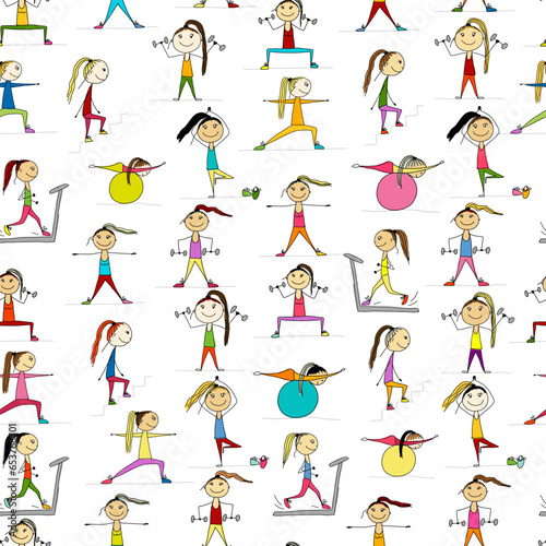Girls doing sport exercises. Seamless pattern. Fitness background