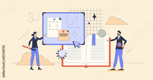 Exploring business strategies style and management tiny person concept. Retro style vector illustration with cooperative planning and businessman consulting process. Adviser work with consulting.