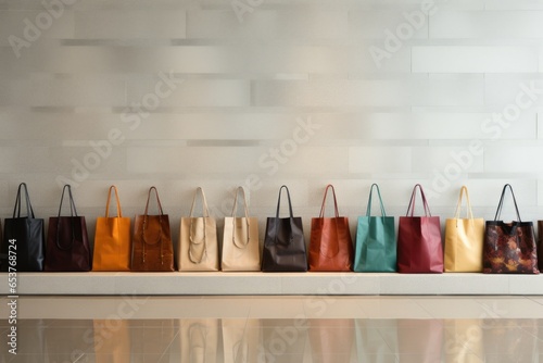 shopping bags lined up against a plain wall photo