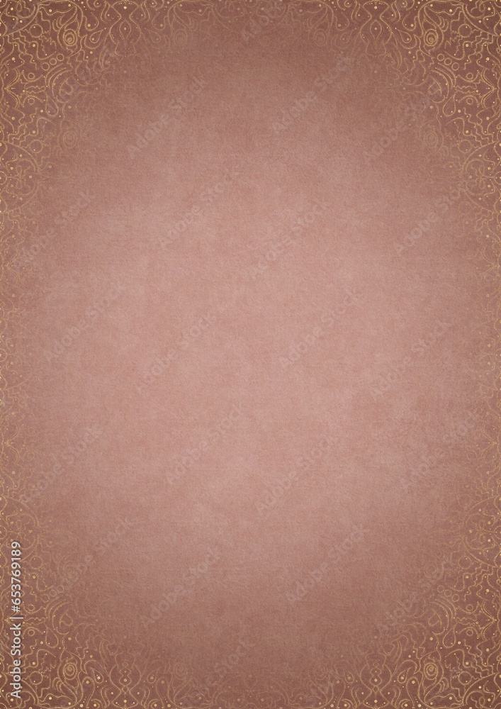 Fototapeta premium Pale pink textured paper with vignette of golden hand-drawn pattern on a darker background color. Copy space. Digital artwork, A4. (pattern: p07-2e)
