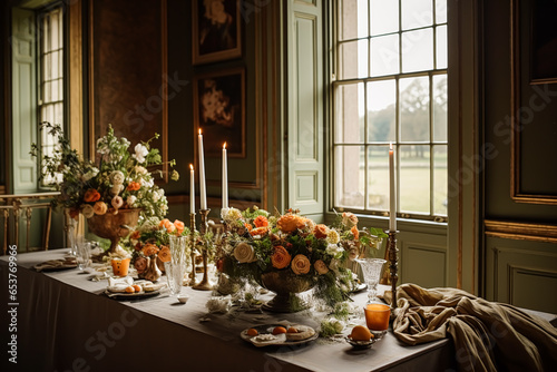 Wedding, event celebration and autumn holiday tablescape, classic autumnal decor and formal dinner table setting in the country mansion, table scape with candles and floral decoration